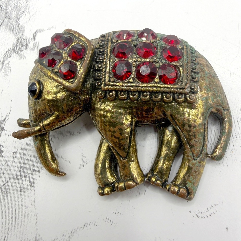 Vintage Elephant Brooch Red Rhinestones Gold Tone Animal Pin